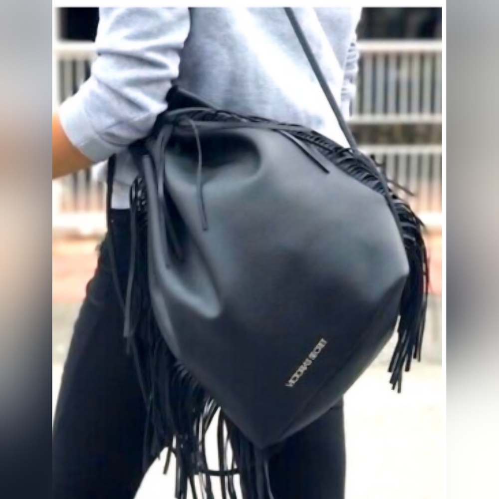 Fringed Drawstring Shoulder Bag - Black